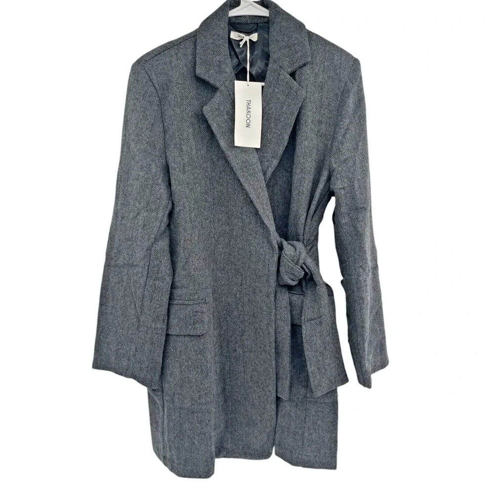 Thakoon Womens Black Combo Herringbone Wrap Tie Jacket Long Sleeve Size M NWT